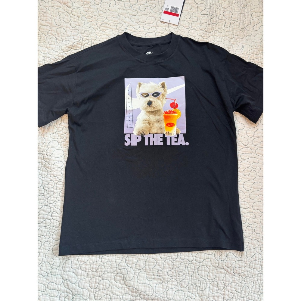 Nike Girls Black Tee Sip The Tea Westie Dog Graphic T Shirt Size Large #399